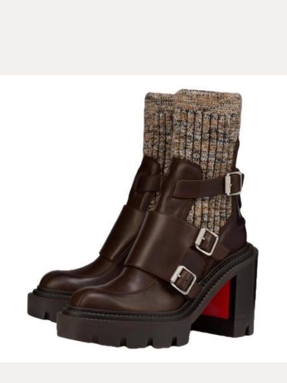 Chunky Brown Leather Buckle Boot with Knit Shaft